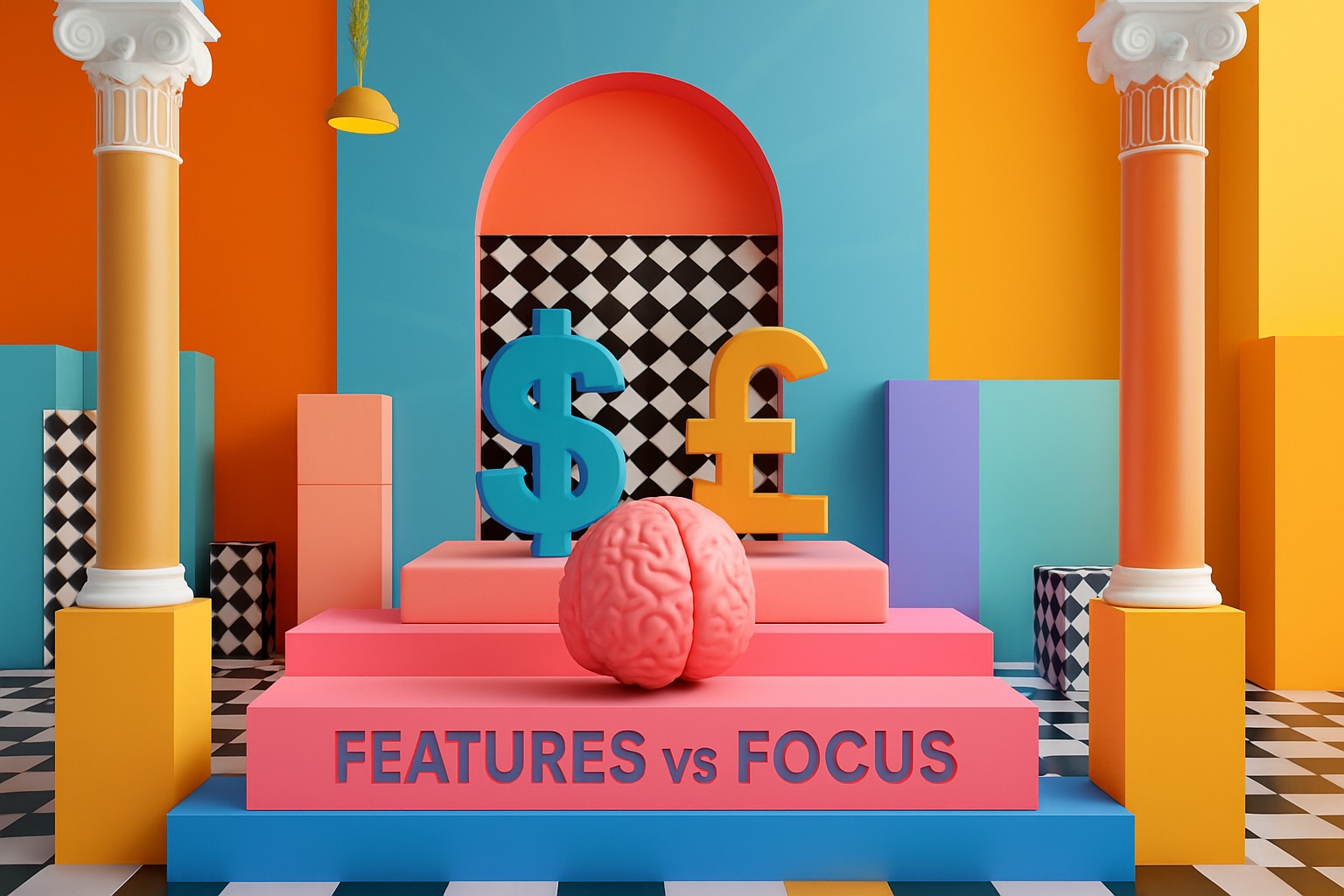 features vs focus text with brain in surreal setting 