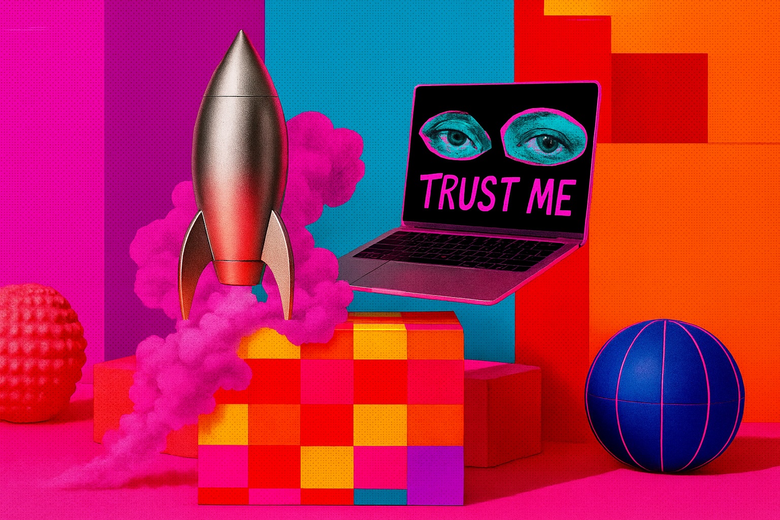 trust me text on laptop screen with rocket representing start-up launch