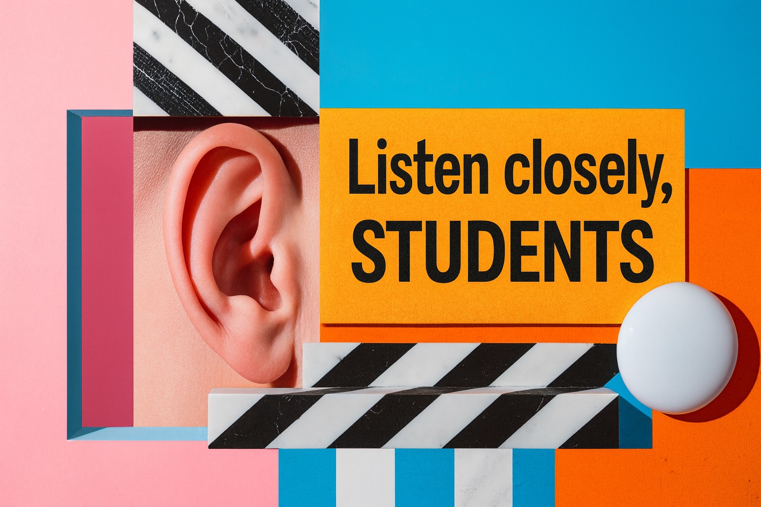ear with text saying "listen closely students" image by problem pop 