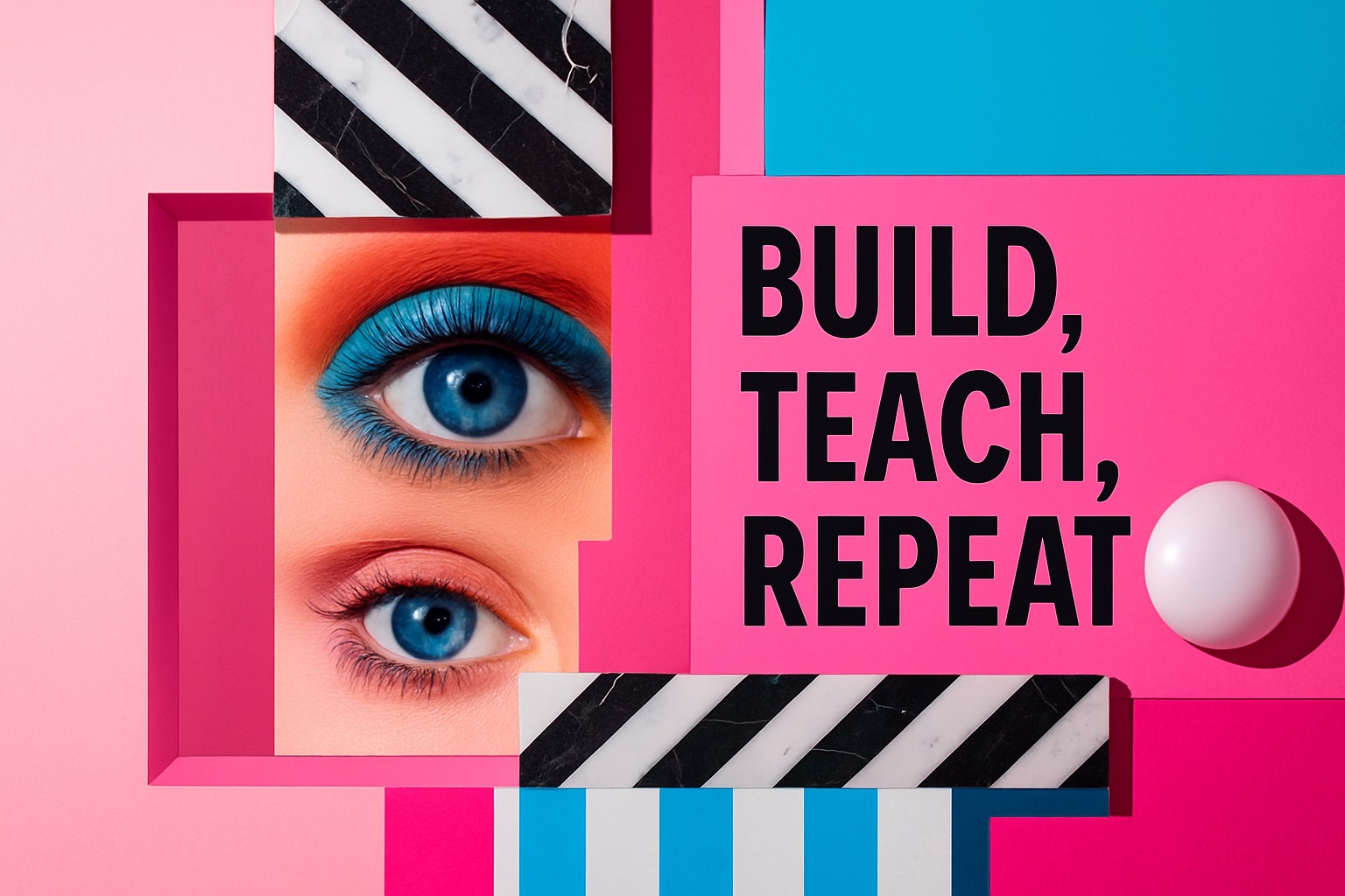 text 'build teach repeat" in surreal pop art style. image by problem pop