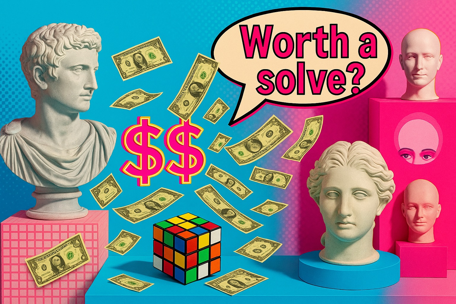 statues surrounded by cash and rubix cube , representing problems to solve for founders
