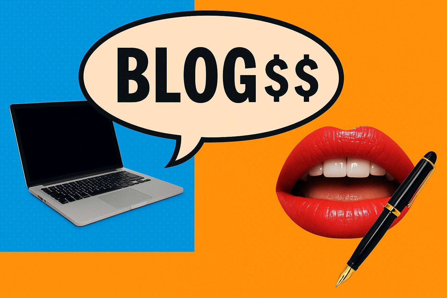 pop art image of laptop and blogging text and pen 
