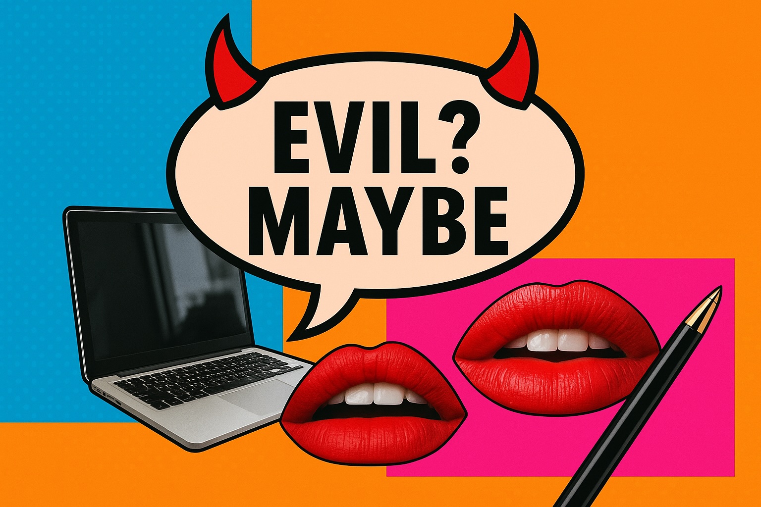"evil? maybe text in surreal setting with mouths and laptops