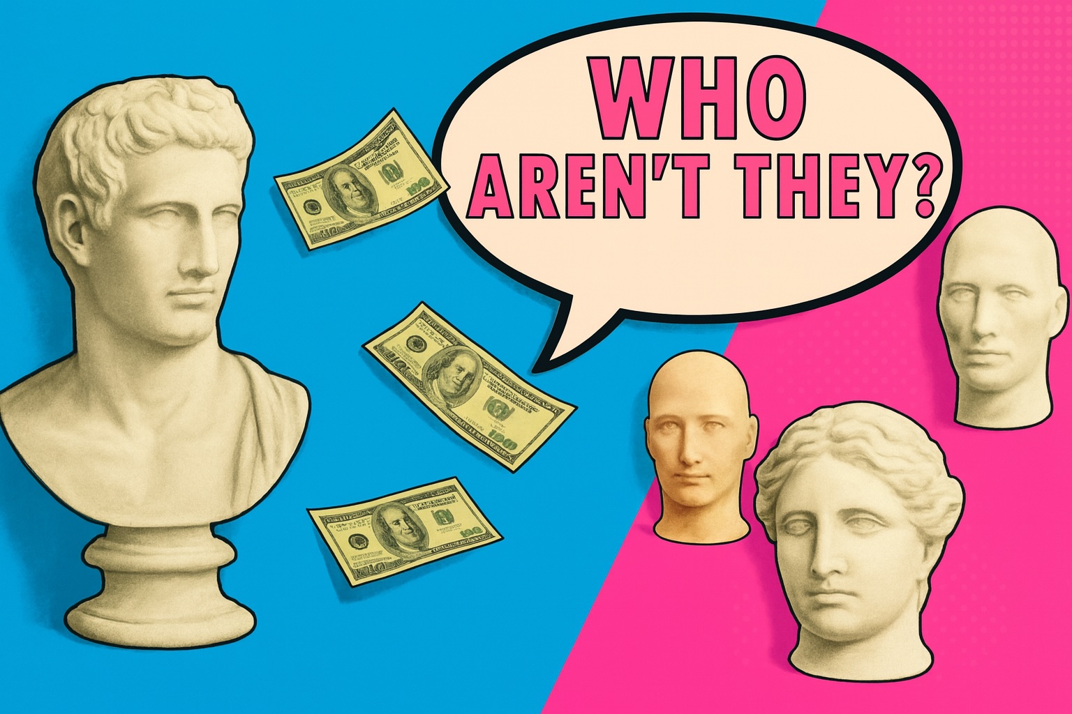 text saying "who aren't they" vibrant statues surrounded by cash, surreal pop art image by problem pop