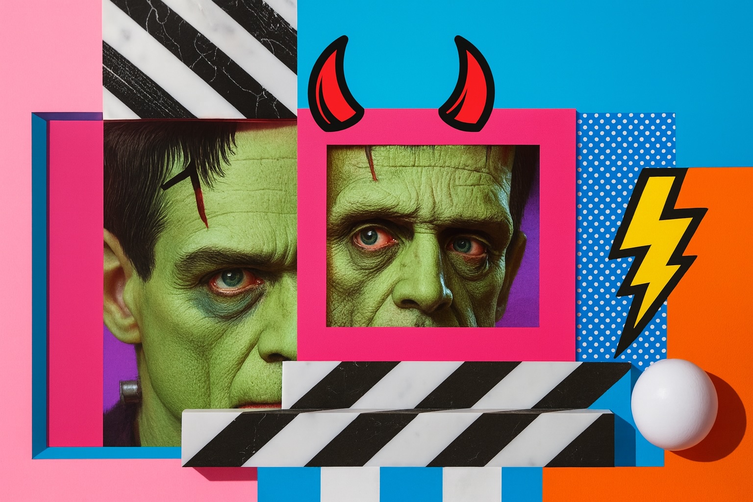 colorful pop art style frankenstein method in surreal vaporwave setting 
