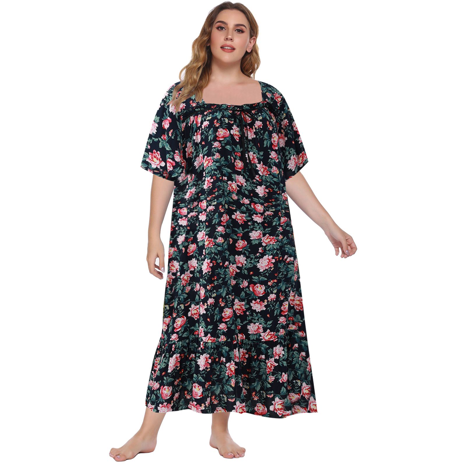 Valcatch Summer Long Nightgown Women's Ultra-Soft Nightshirt Full Length  Short sleeve Print Sleepwear Plus Size 