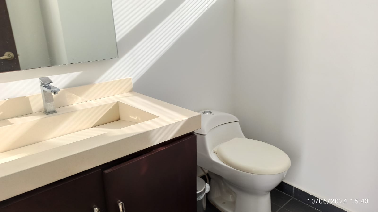 Baño con mesón de mármol y mueble en madera oscura.
