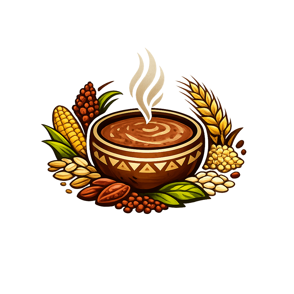 Ilustración de marca: un cuenco de barro con chucula humeante, rodeado de mazorcas, cacao y granos.
