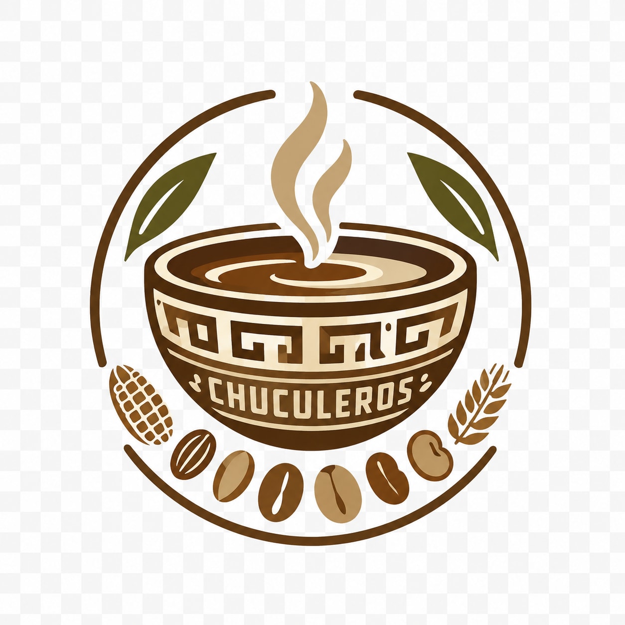 Primera exploración de marca: un sello circular con un cuenco de chucula humeante, iconografía muisca y granos de cacao.