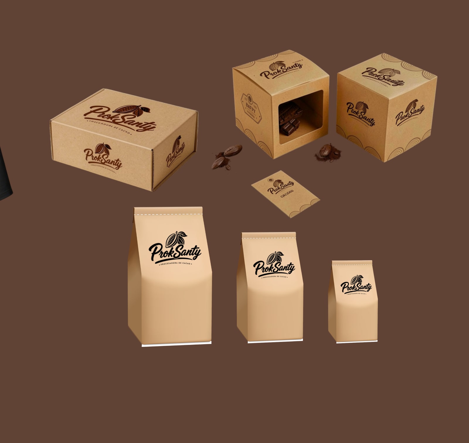 Empaques de marca Proksanty: cajas de cartón kraft y bolsas de cacao de distintos tamaños, todos con el logo impreso.
