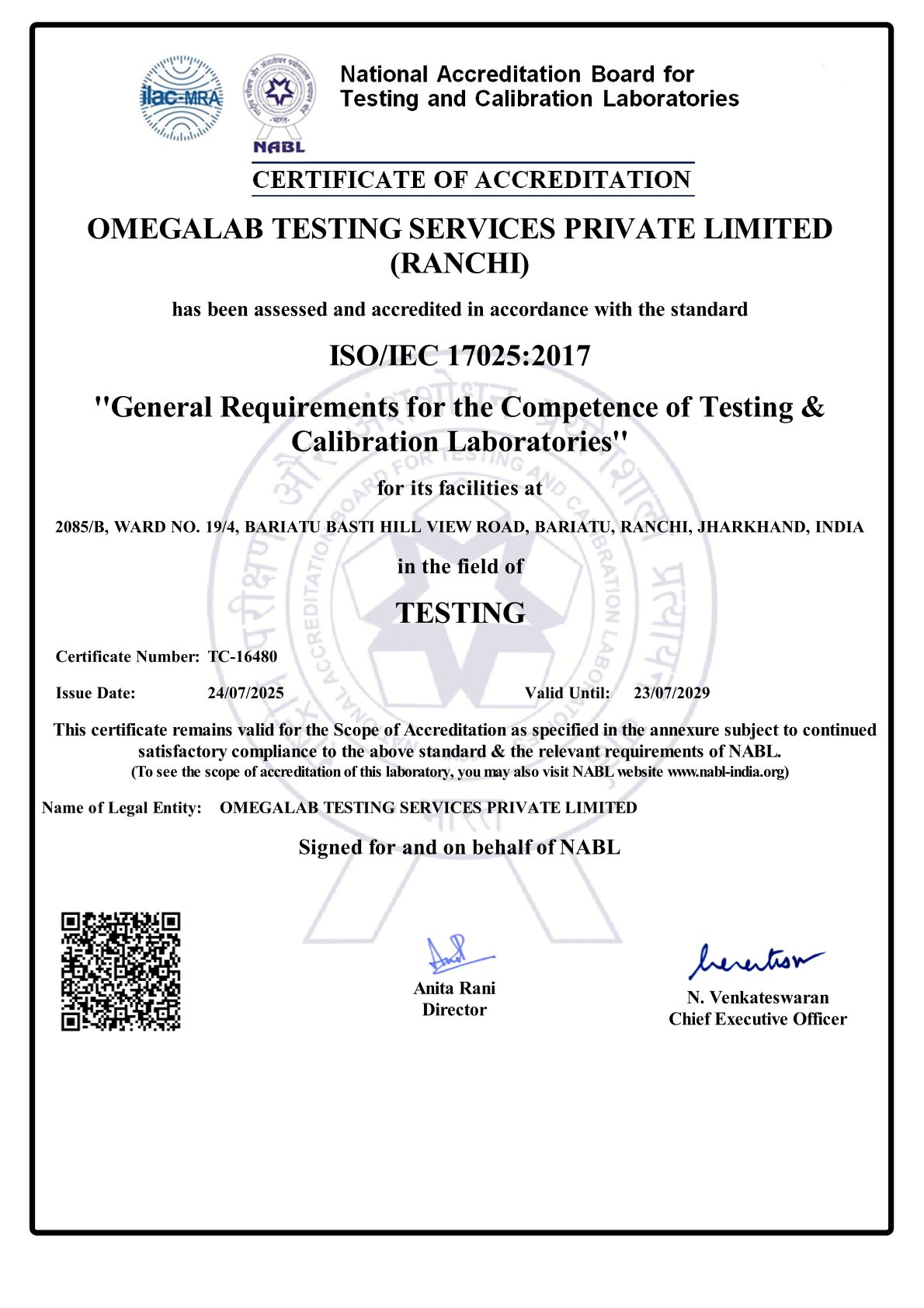 RANCHI LAB Certificate