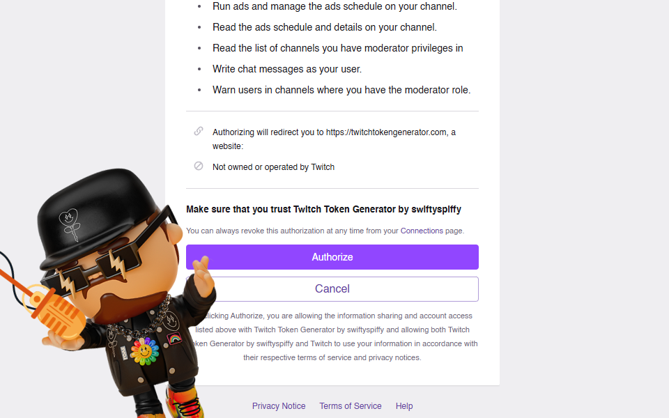 Screenshot showing the Twitch authorization screen
