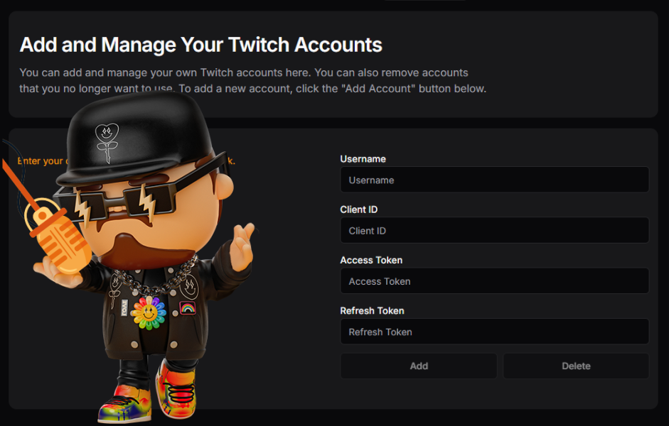 Screenshot of the Algochat dashboard page for managing Twitch User Accounts