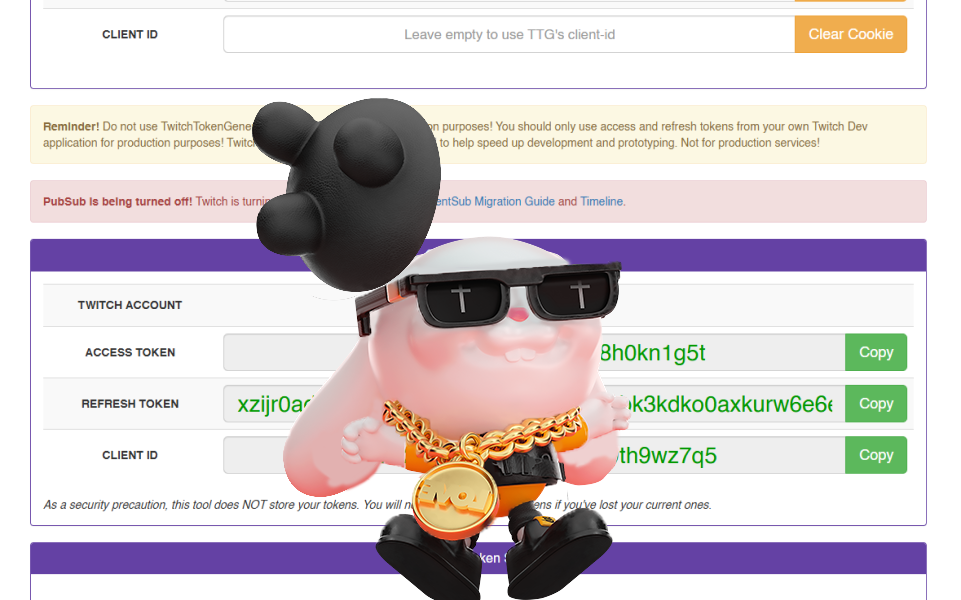 Screenshot showing the generated Access Token, Refresh Token, and Client ID on the token generator site
