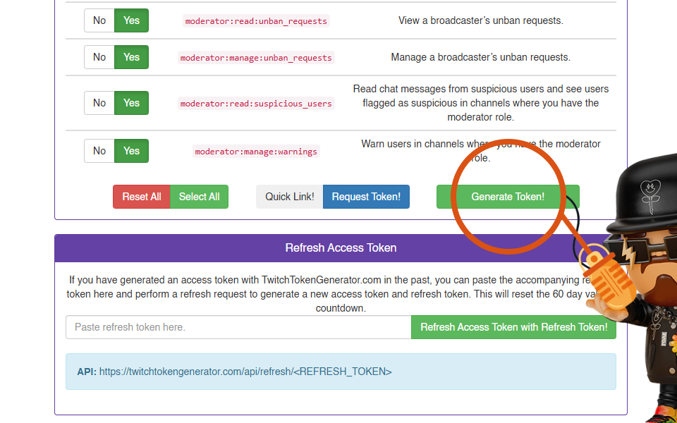 Screenshot showing the 'Generate Token!' button highlighted