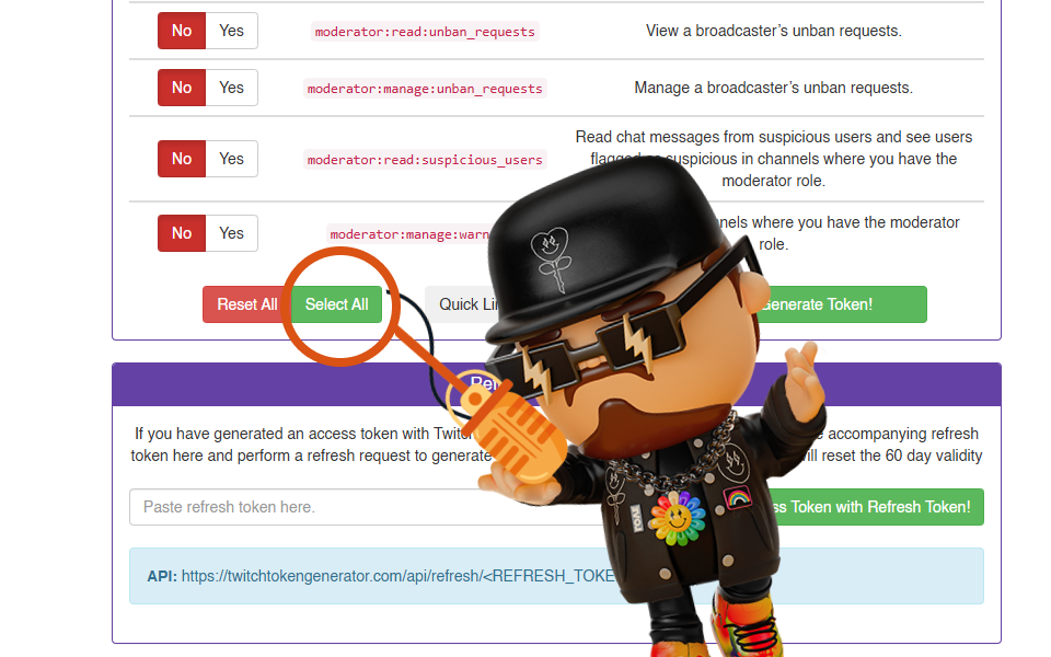 Screenshot showing the permissions list on Twitch Token Generator with 'Select All' highlighted