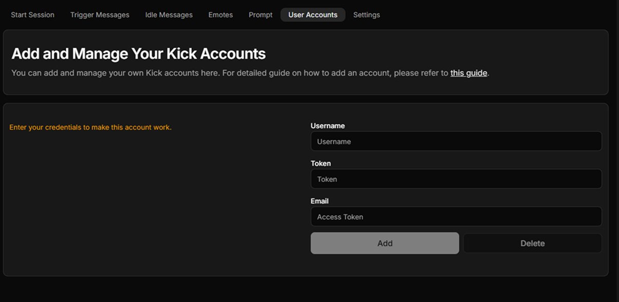 Screenshot of the Algochat dashboard page for managing Kick User Accounts