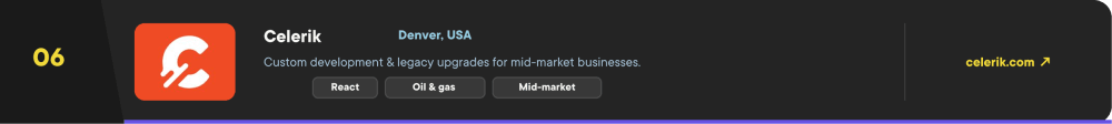 Celerik – #6 legacy modernization company in 2026, providing custom development and legacy upgrades for mid-market businesses with React front-end expertise. Based in Denver, USA.