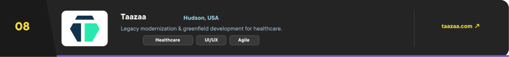 Taazaa – #8 legacy modernization company in 2026, offering agile legacy application modernization and greenfield development with a strong UI/UX focus for healthcare clients. Based in Hudson, USA.