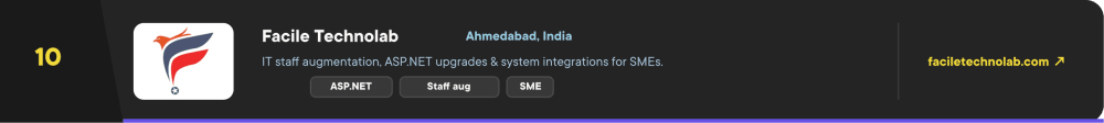 Facile Technolab – #10 legacy modernization company in 2026, providing IT staff augmentation, ASP.NET upgrades, and system integrations for SMEs in HR and enterprise software. Based in Ahmedabad, India.