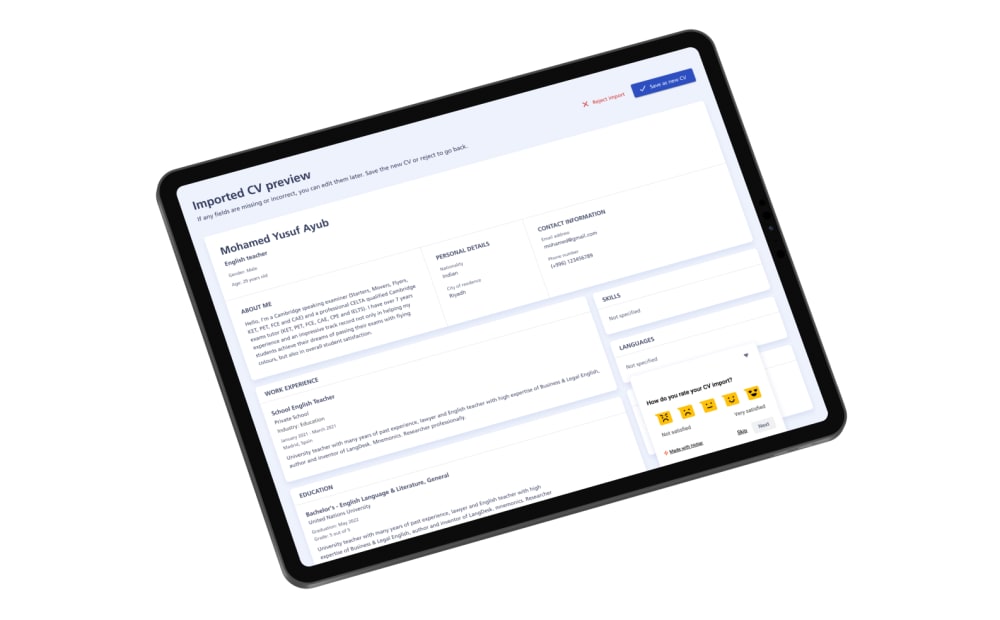 Tablet rendering of CV import preview page with option to accept or reject import and visible user satisfaction survey