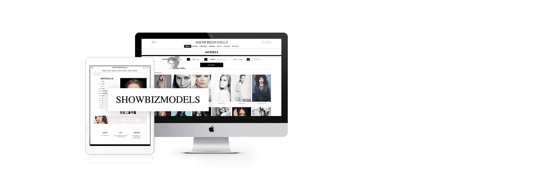 User interface showcasing the redesigned UI & UX of the ShowbizModels app with improved architecture, wireframes, and graphic design for a scalable modeling agency platform