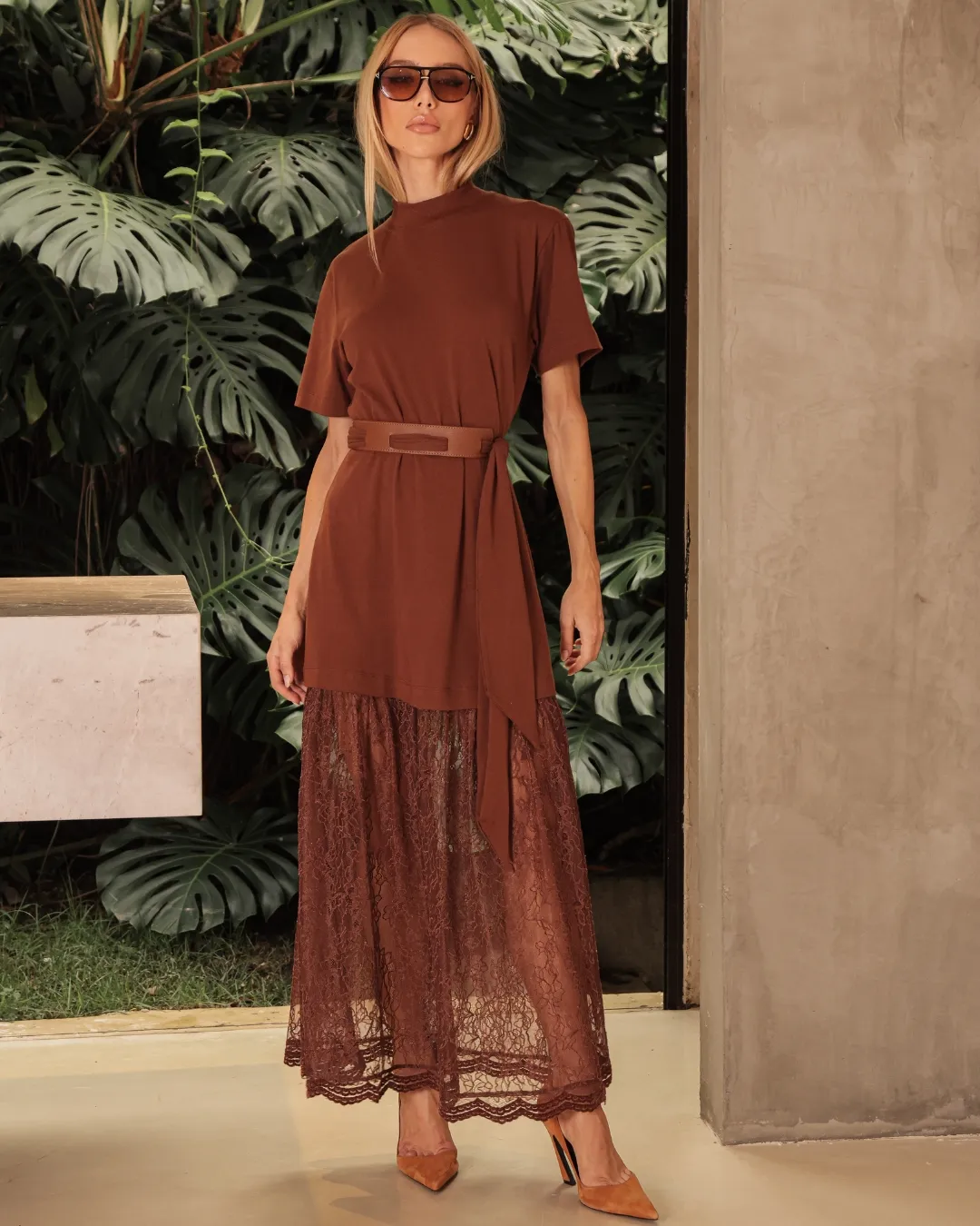 Vestido Malha Marrom com Renda 🤎