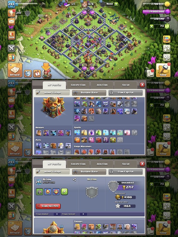 Th-16 Awesome Account [] Hyper Hero°°78/81/54/55/29[]Highly Defence[] Blue wall [] 6 Builder[] Nc-1000[] Exp-243