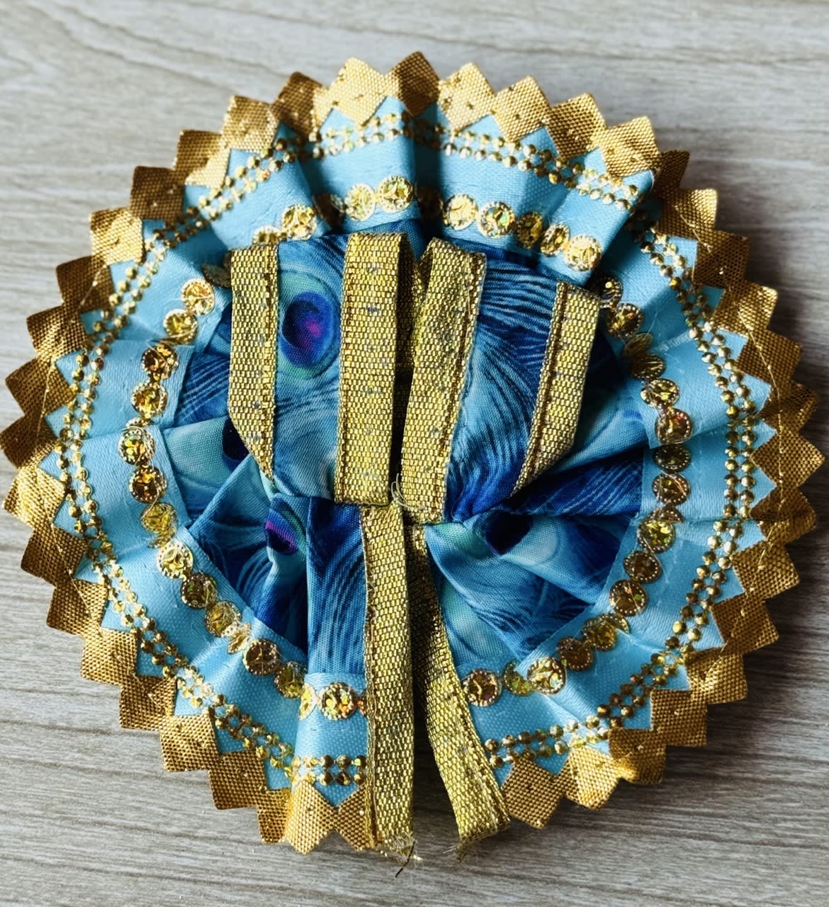 Peacock Glory Laddu Gopal Dress | Divine Poshak with Feather Print & Golden Lace Border 2