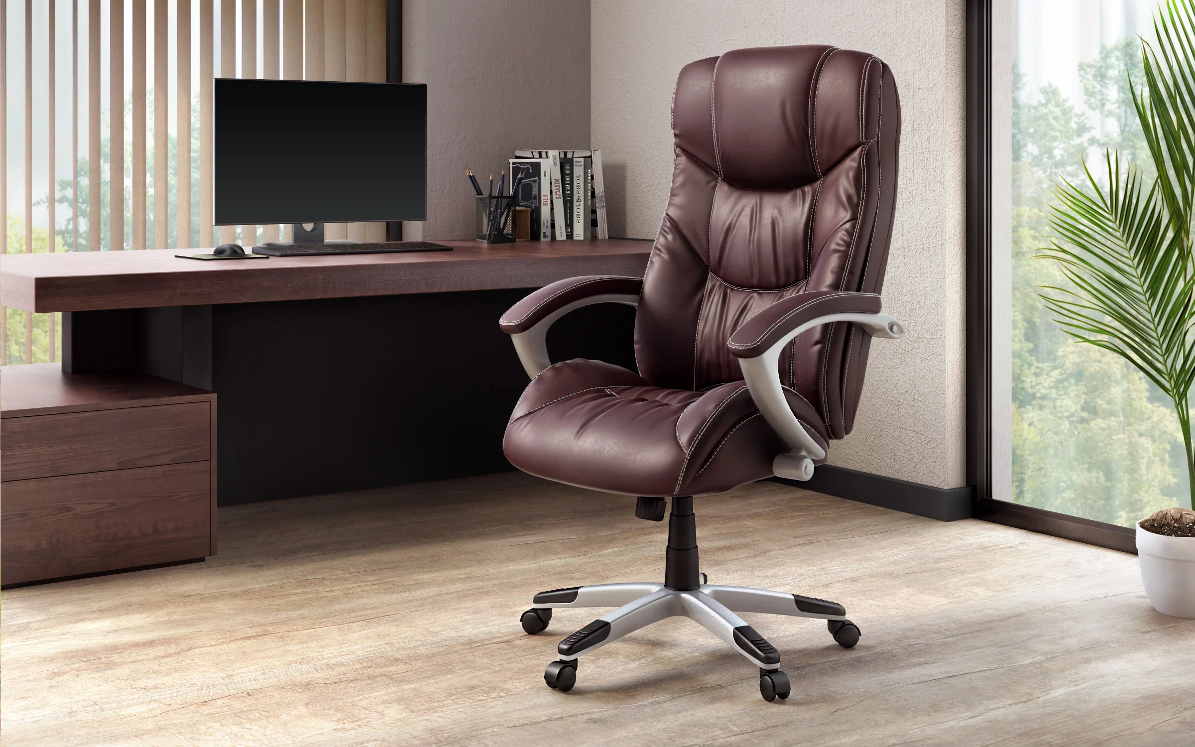 Photorealistic 3D render of a premium executive brown office chair with silver metallic base in stylish interior