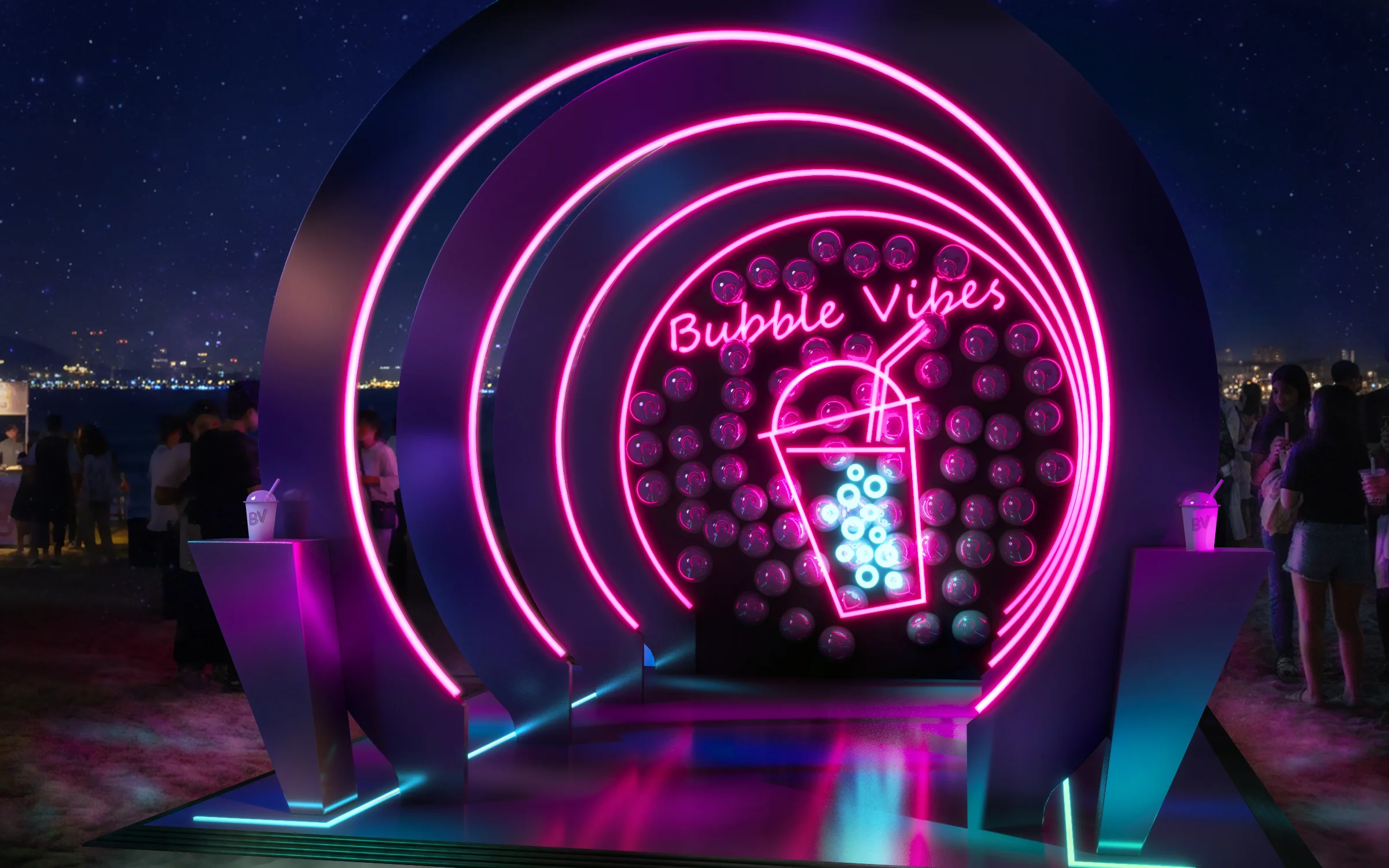 Futuristic neon brand activation photobooth installation for Bubble Vibes campaign 3D rendering