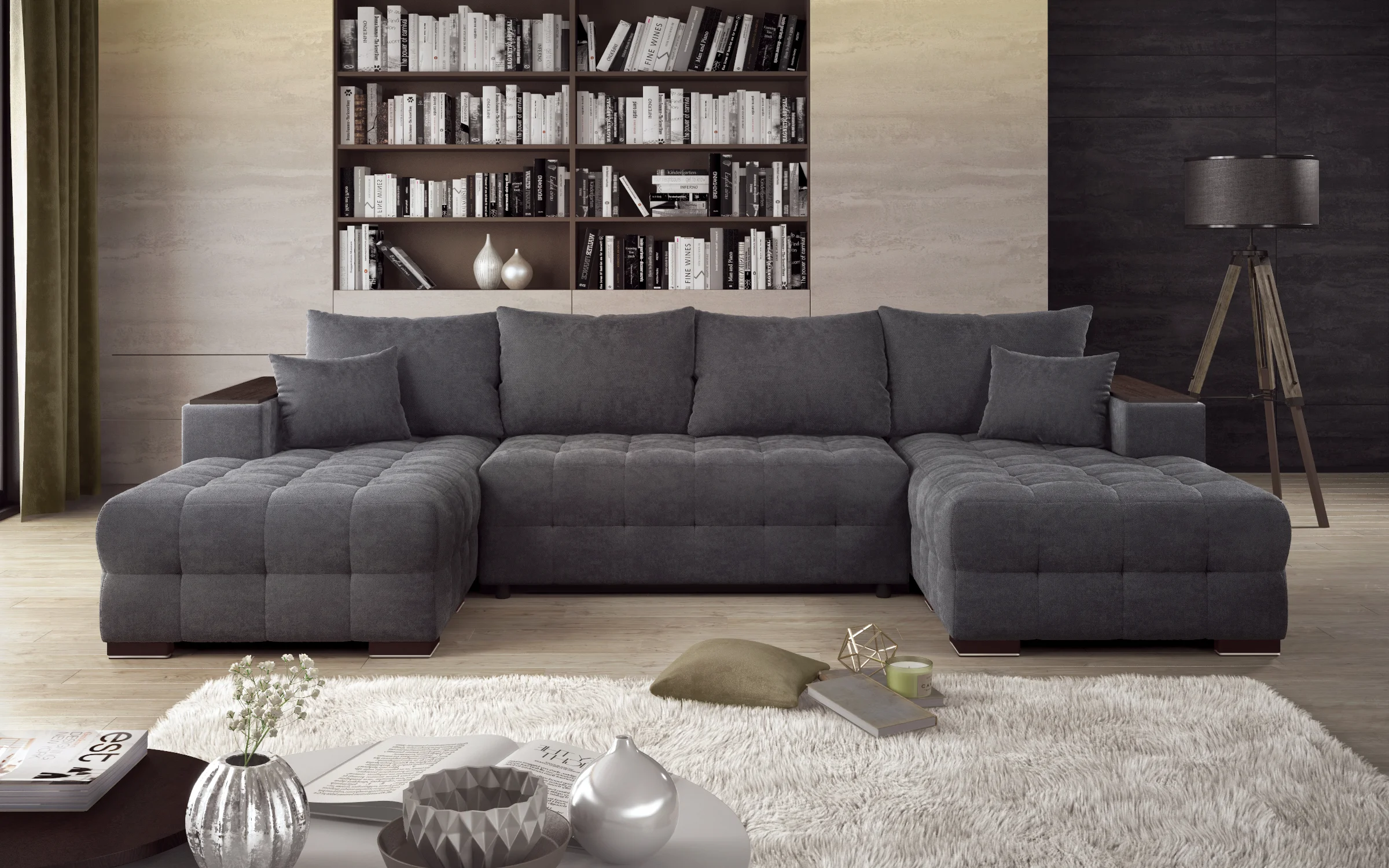 Large Sectional sofa with integrated shelving in a modern living room interior 3D visualization - detail 2
