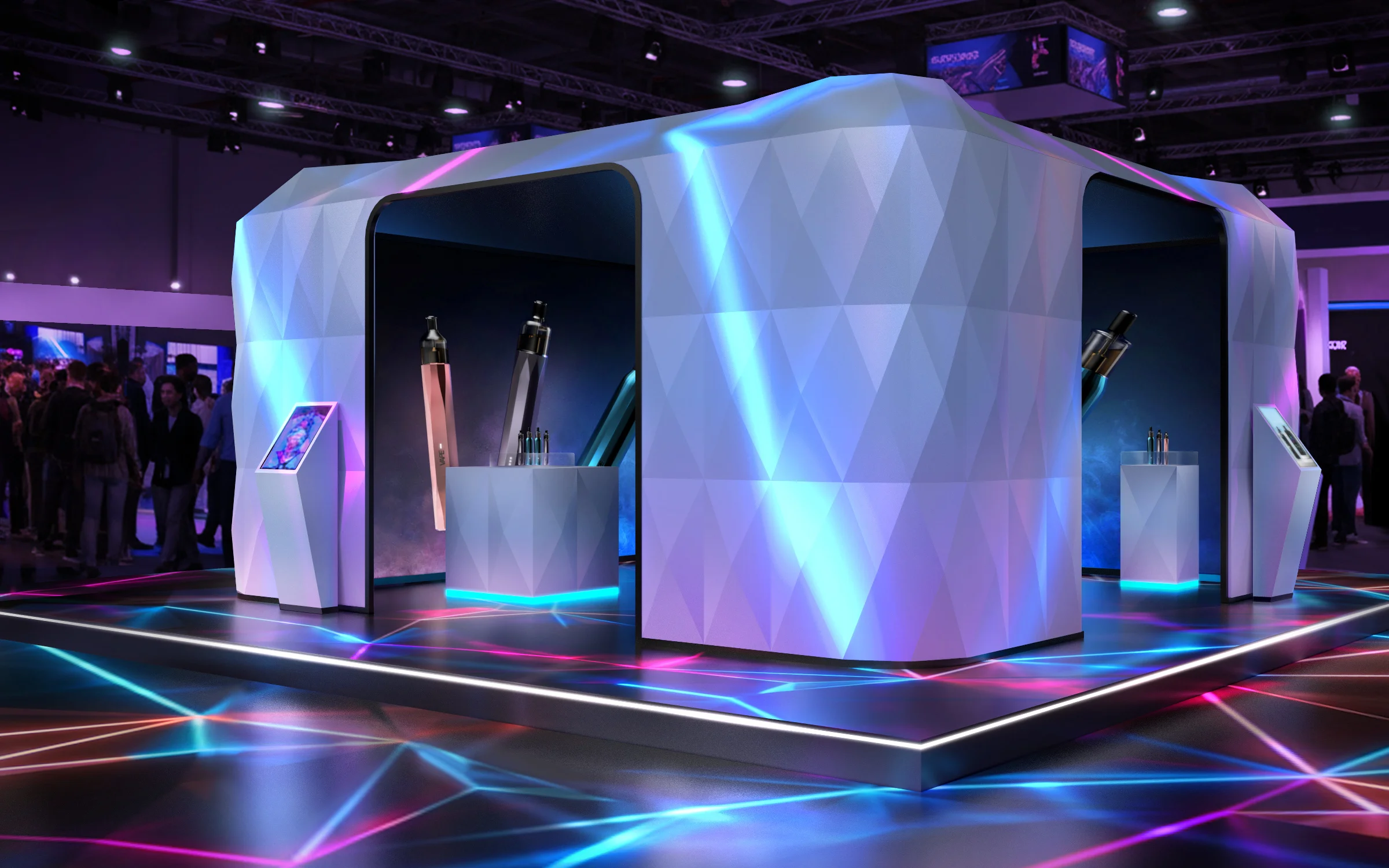 Futuristic brand activation exhibition booth with neon lighting 3D rendering