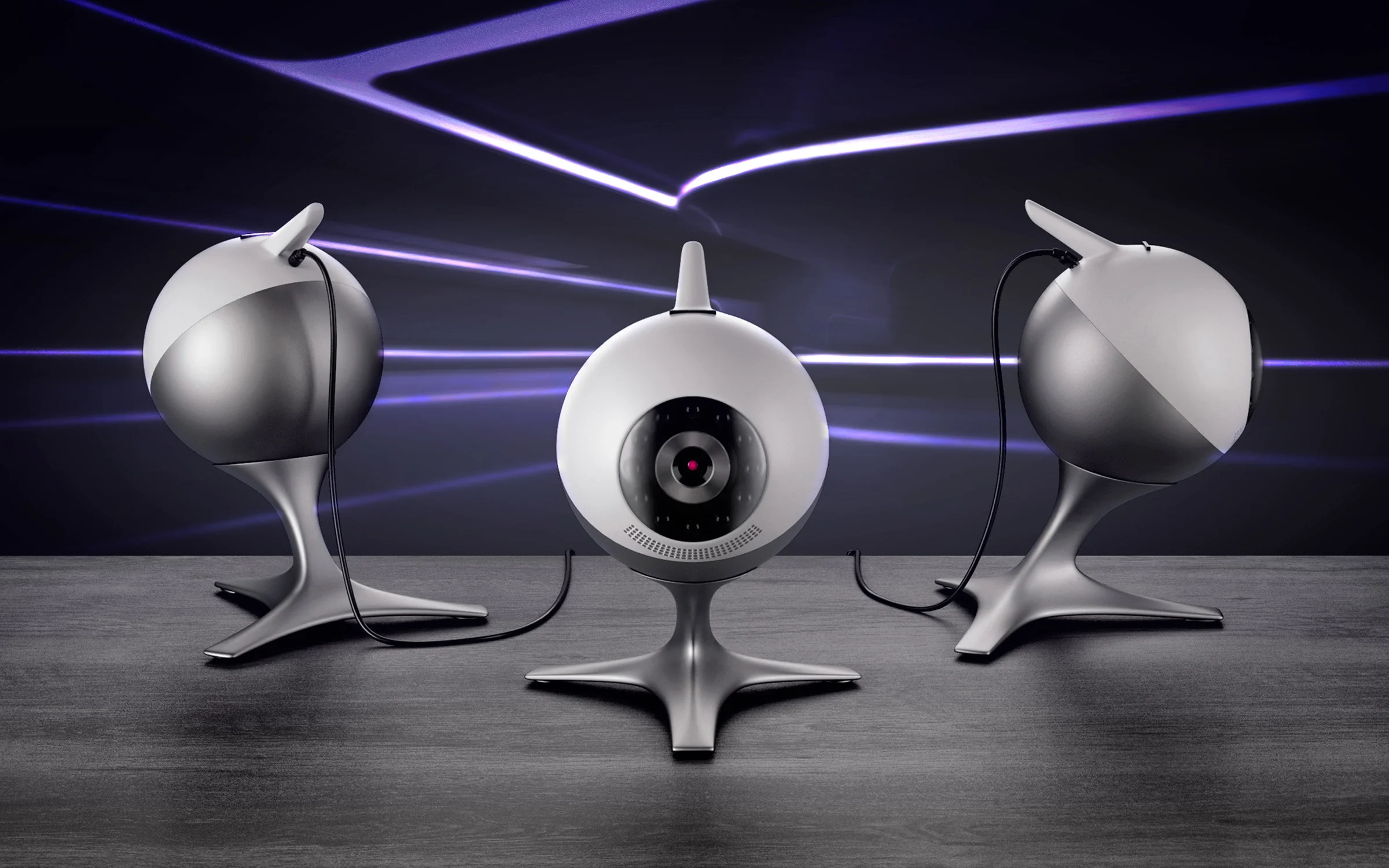 Professional 3D rendering of a security smart home camera system with sculptural silver stand with neon background