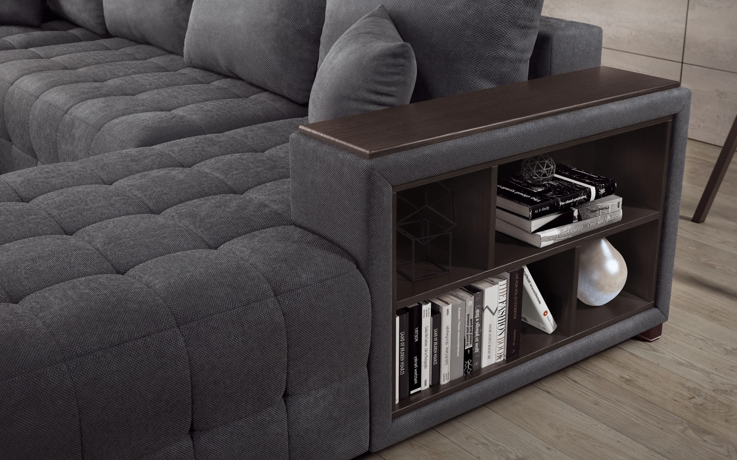 Large Sectional sofa with integrated shelving in a modern living room interior 3D visualization - detail 5