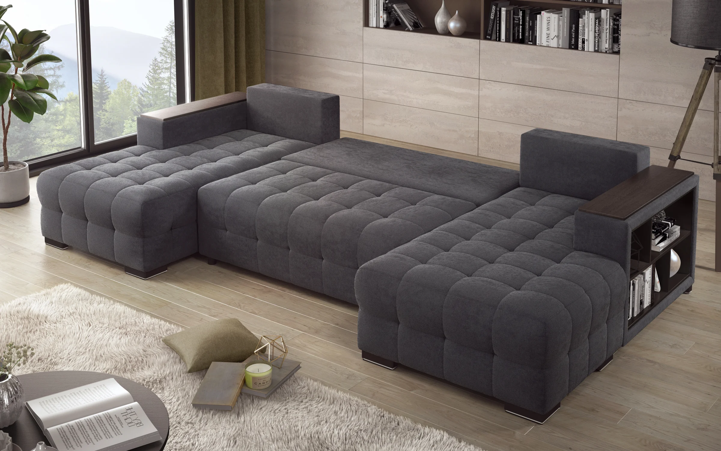 Large Sectional sofa with integrated shelving in a modern living room interior 3D visualization - detail 6