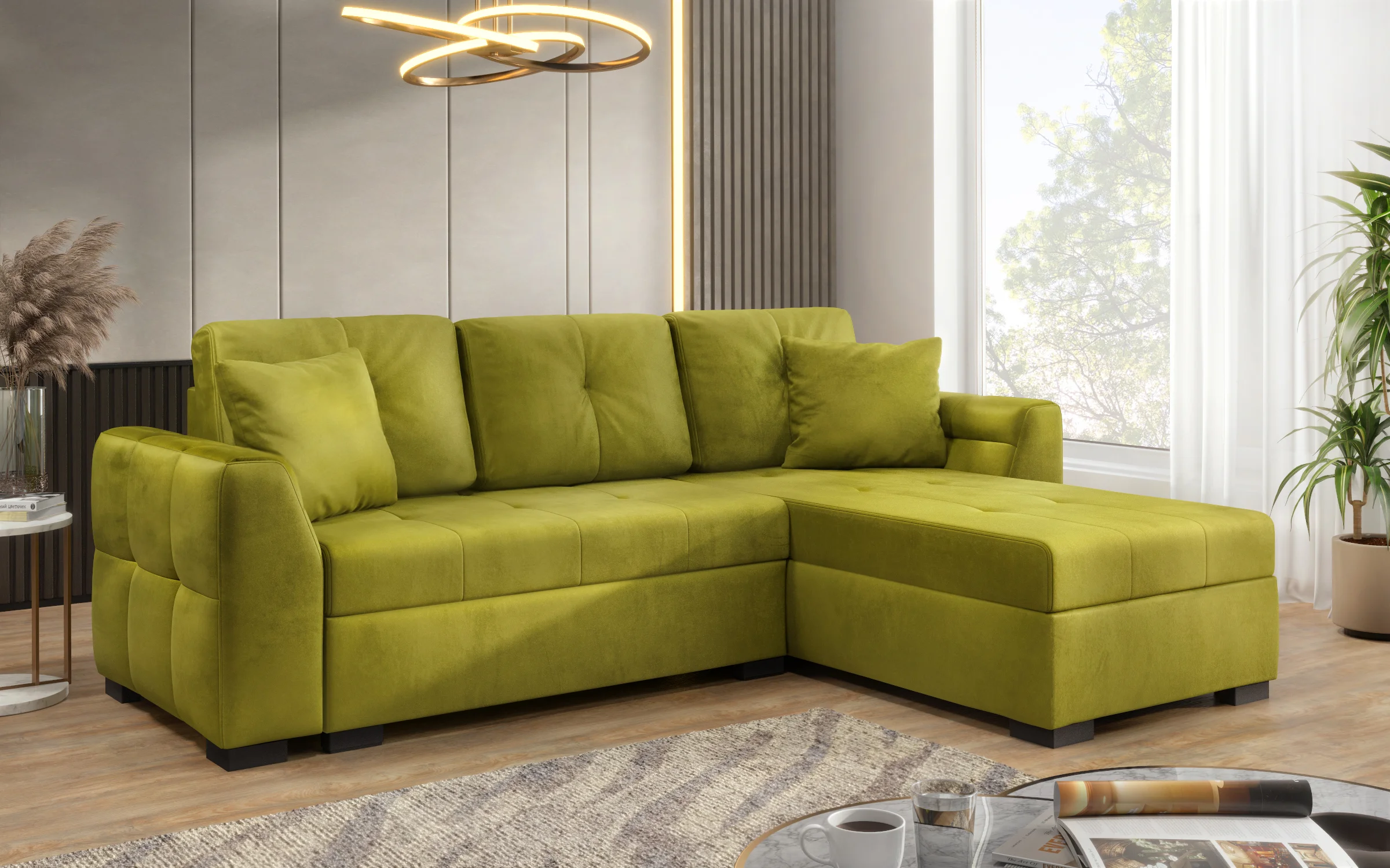 Lime green velvet sectional sofa in a modern living room interior 3D product visualization