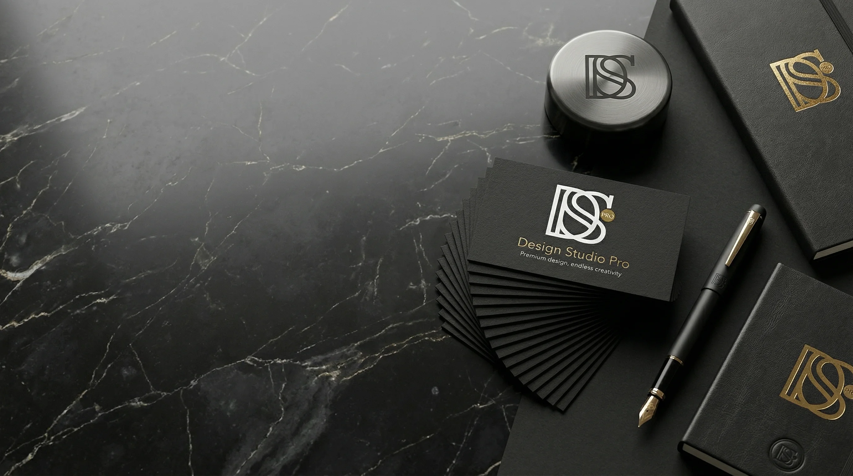 Luxury corporate branding for Design Studio Pro featuring high-end marketing brand identity items.