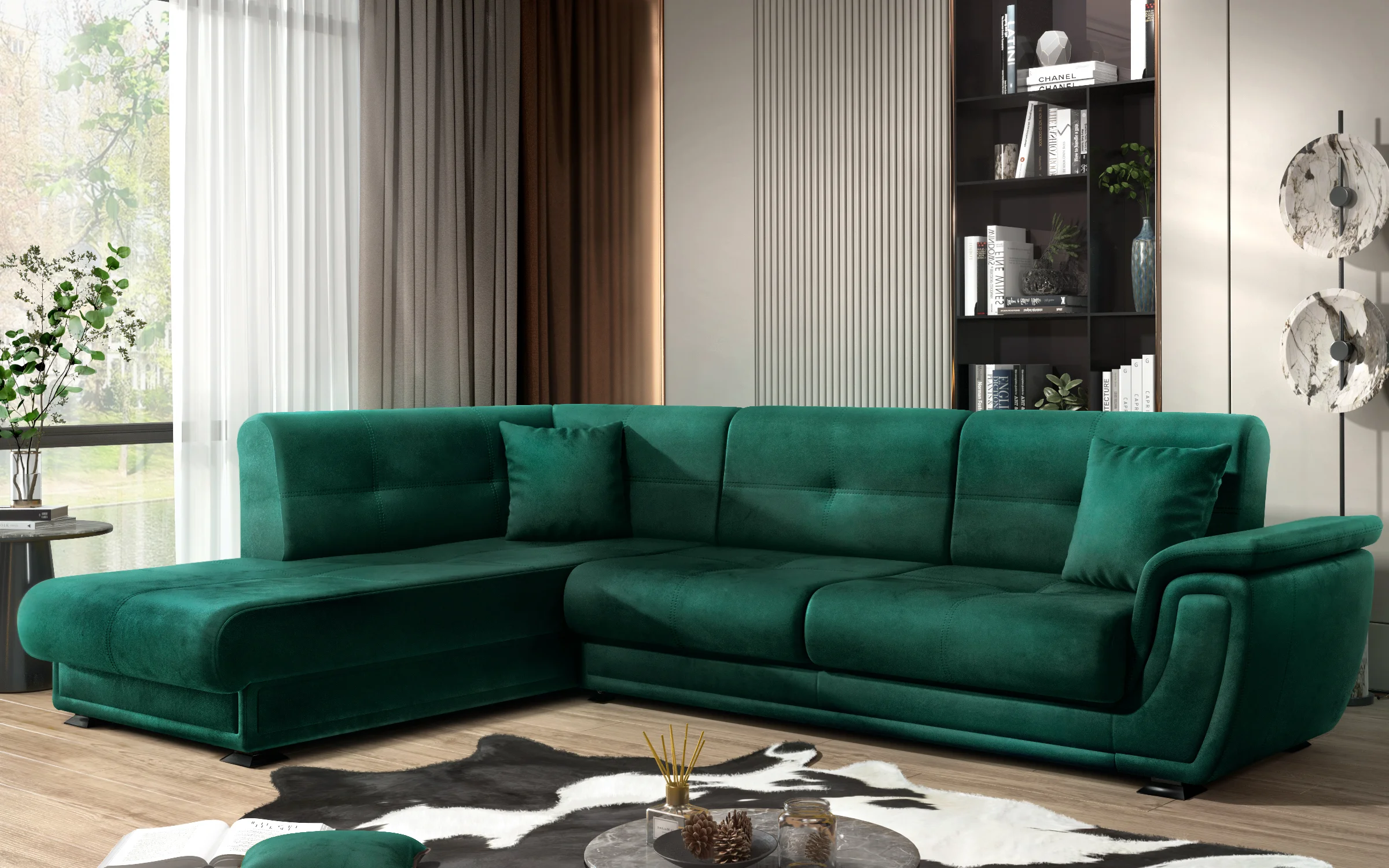 Contemporary Dark Teal velvet corner sofa in a modern living room 3d visualization