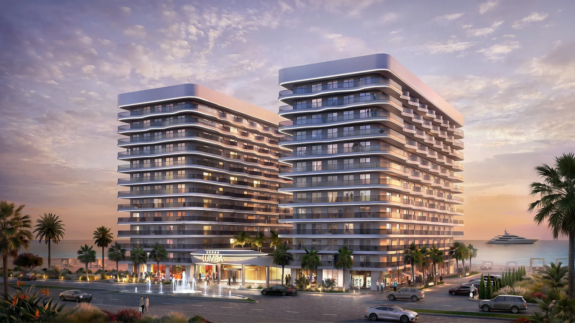 Hyper-realistic 3D visualization of a luxury beachfront apart-hotel resort with glass balconies and palm landscaping at sunset.