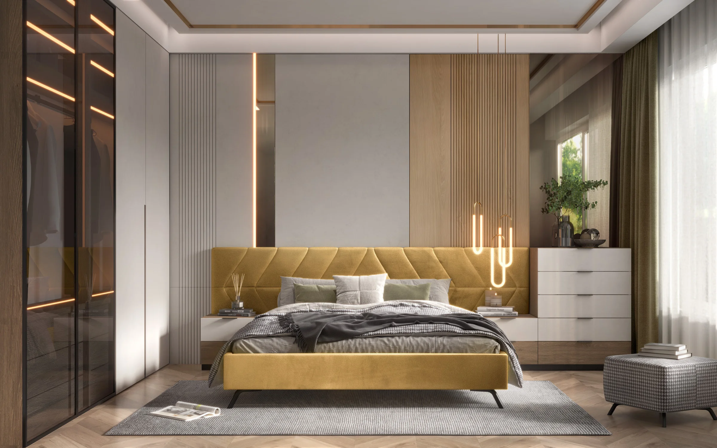 High-end interior design visualization of a master bedroom featuring a mustard yellow velvet bed and glass wardrobe with integrated LED lighting.