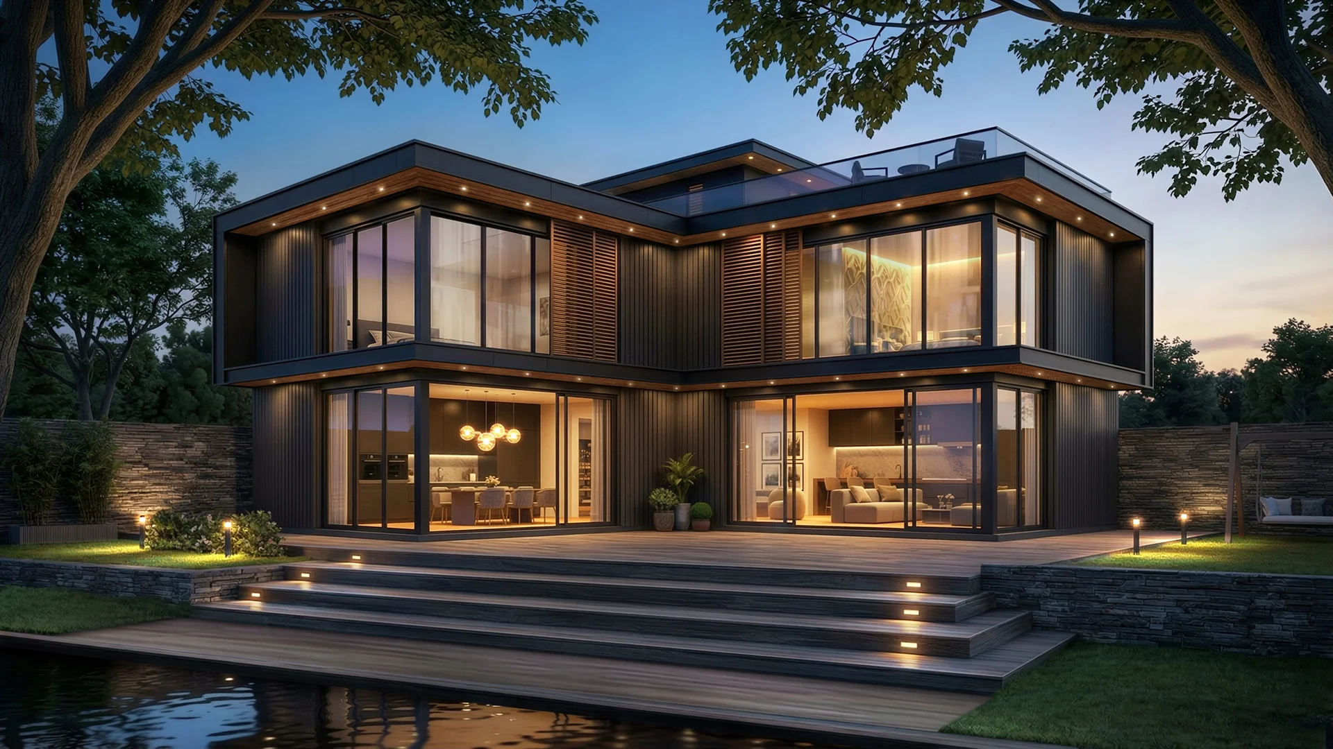 Contemporary Black Steel & Timber Residence at Night - detail 1