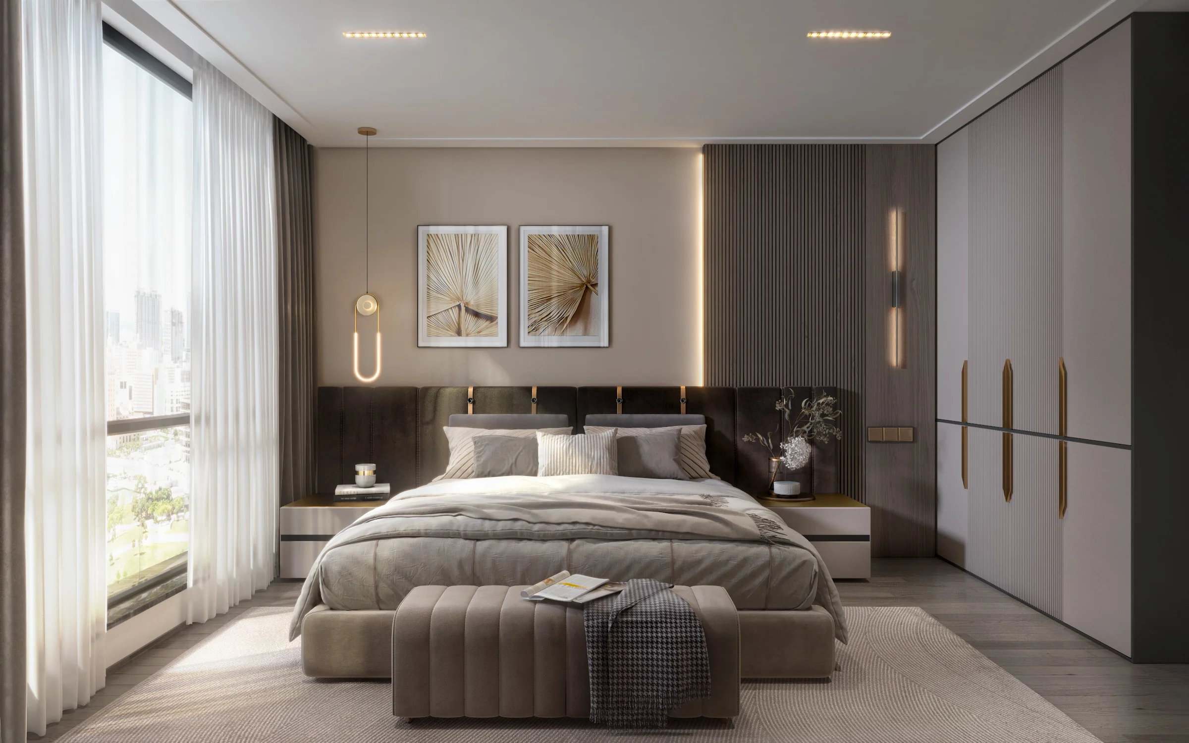 Sophisticated master bedroom interior with velvet headboard in neutral tones, wood panels and gold accents