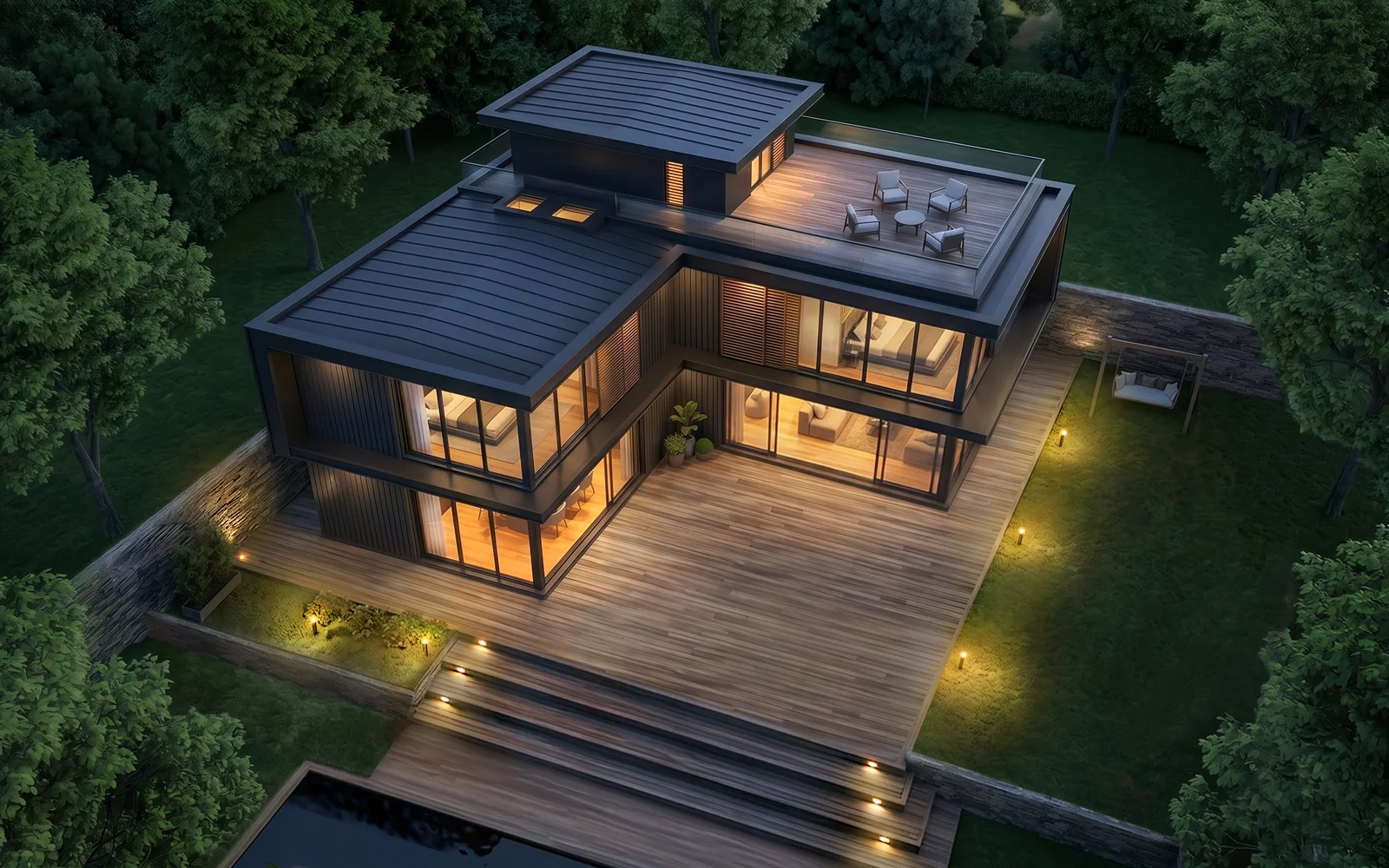 Contemporary Black Steel & Timber Residence at Night - detail 4