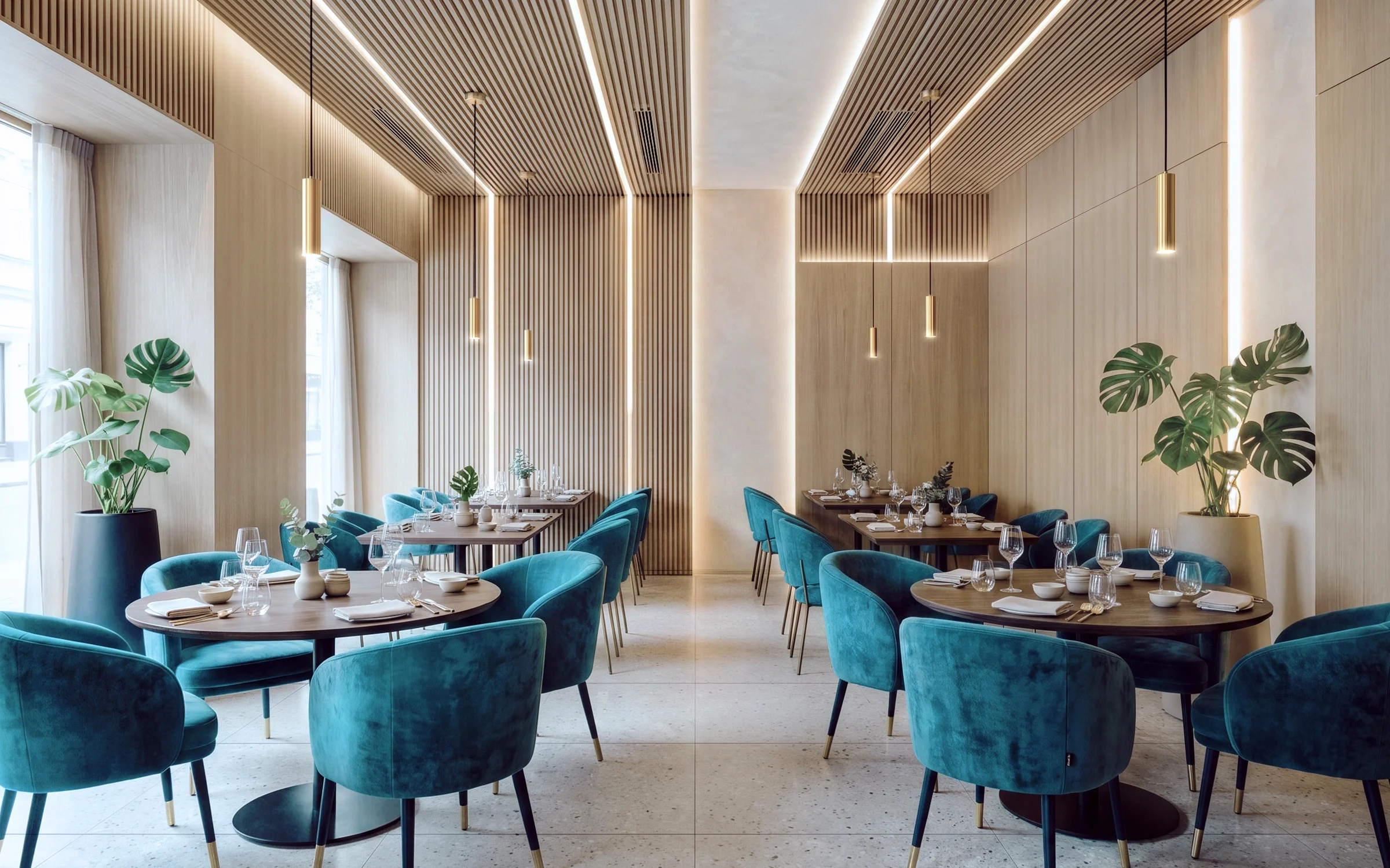 Luxury restaurant lounge interior with turquoise velvet seating, golden lattice partitions and halo lighting 3D rendering