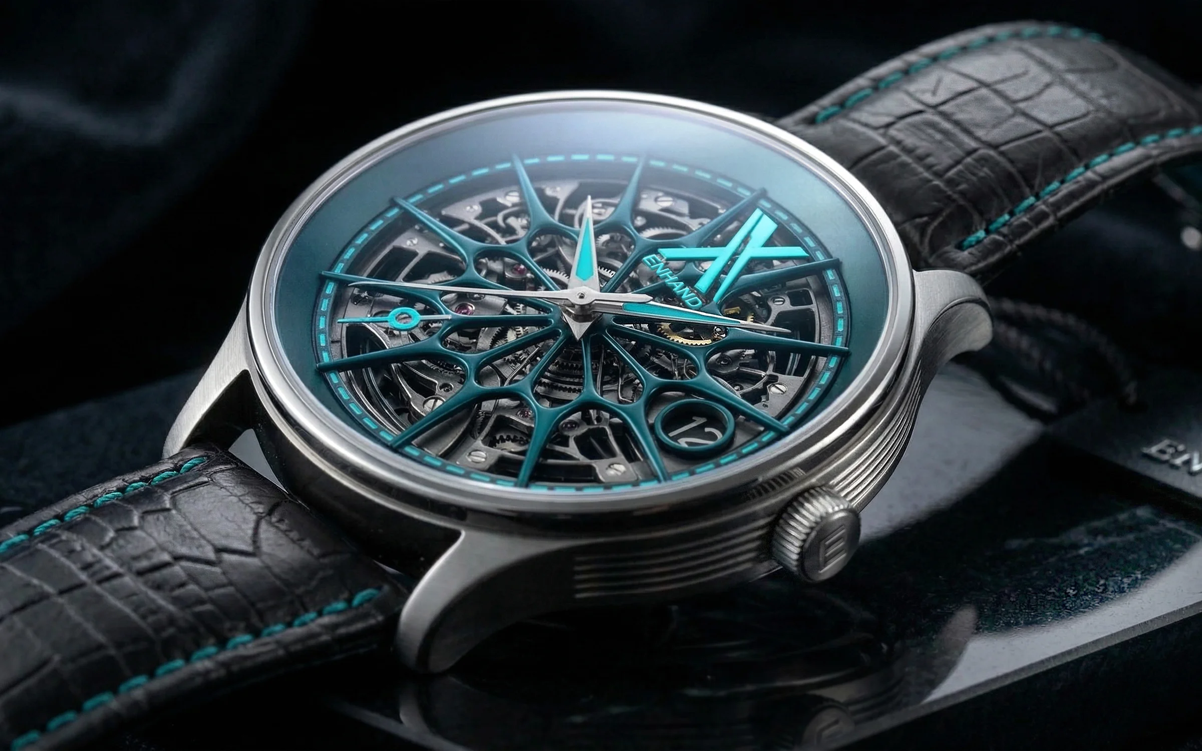 Product Design of High-end mechanical watch featuring turquoise stitching and intricate movement 3d visualization