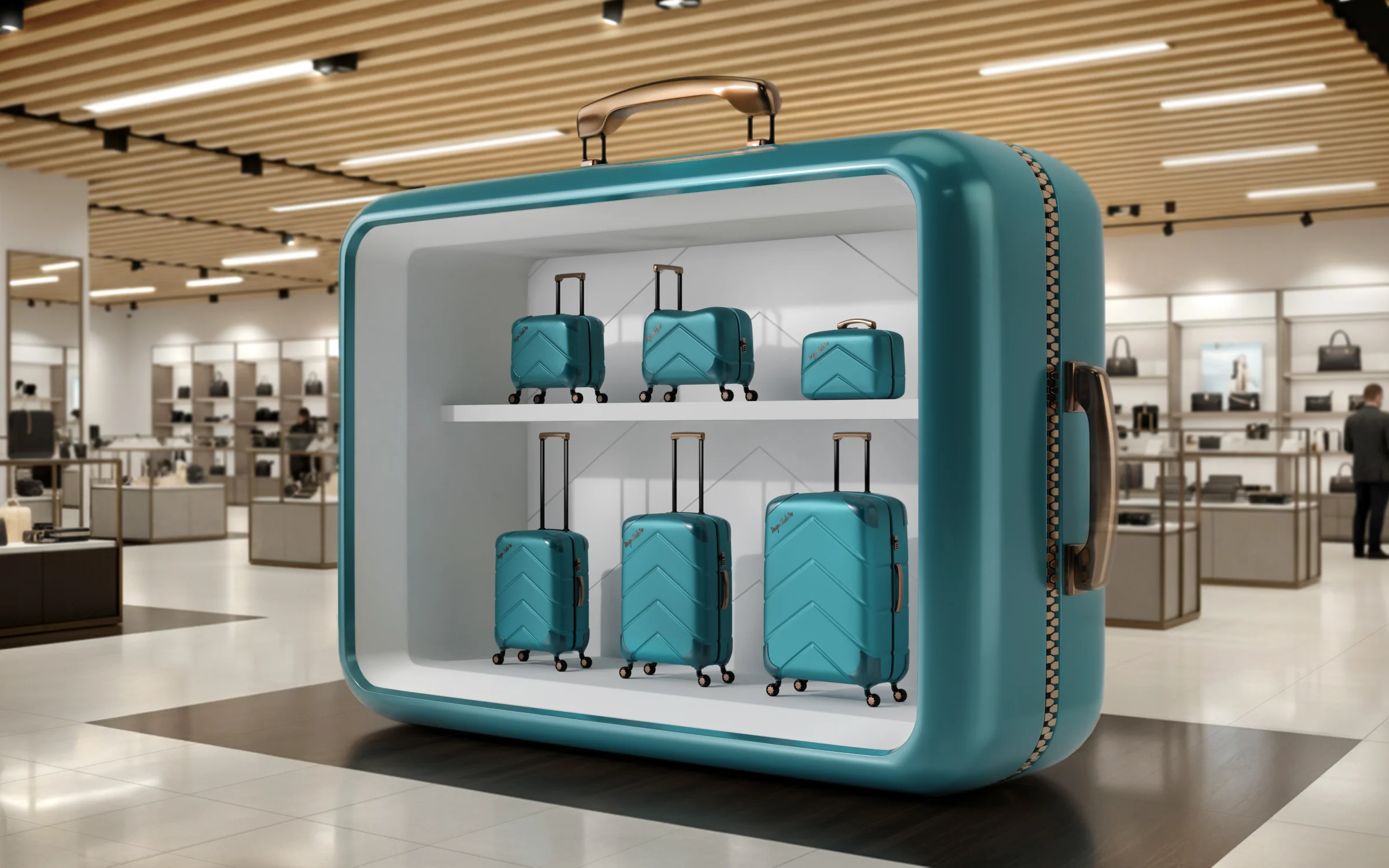 Creative retail design featuring giant teal suitcase display commercial design showcasing luggage sets for travel.