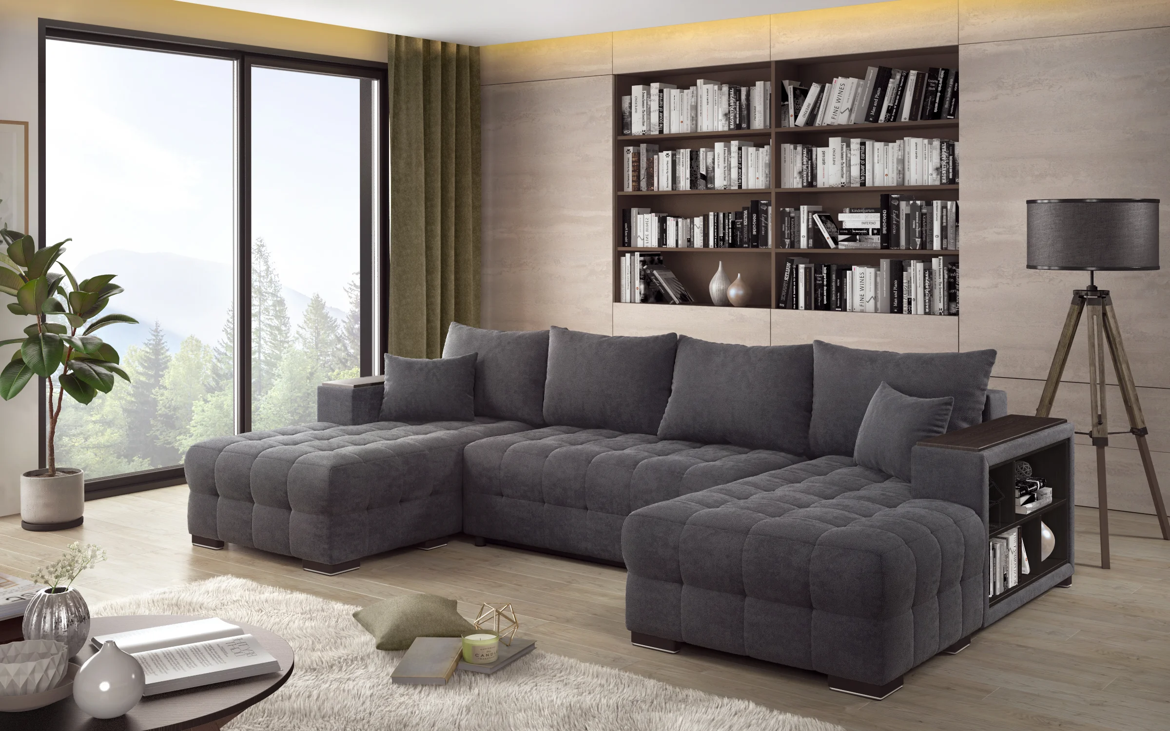 Large dark gray U-shaped sectional sofa with built-in side shelving interior 3D visualization