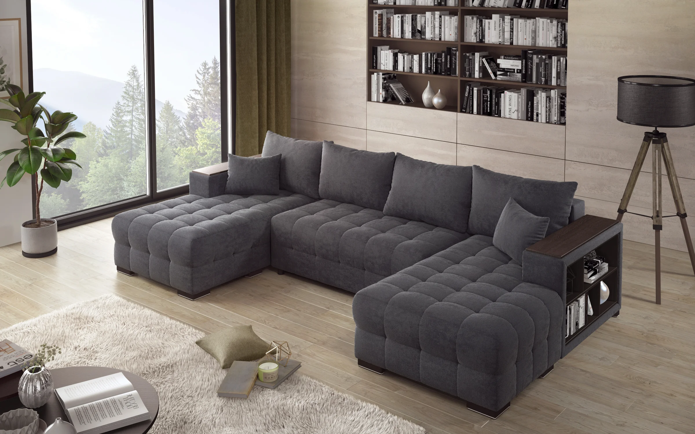 Large Sectional sofa with integrated shelving in a modern living room interior 3D visualization - detail 1