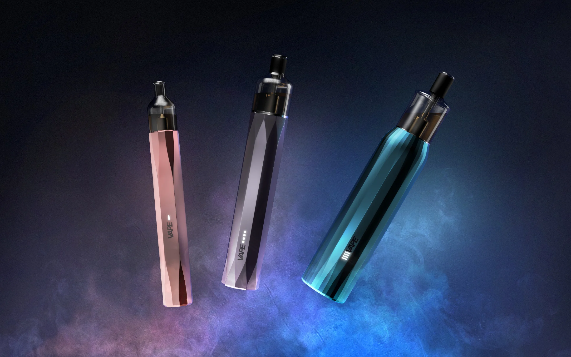 Professional conceptual render of three faceted metallic vapes in rose gold and teal with atmospheric neon lighting and colorful smoke